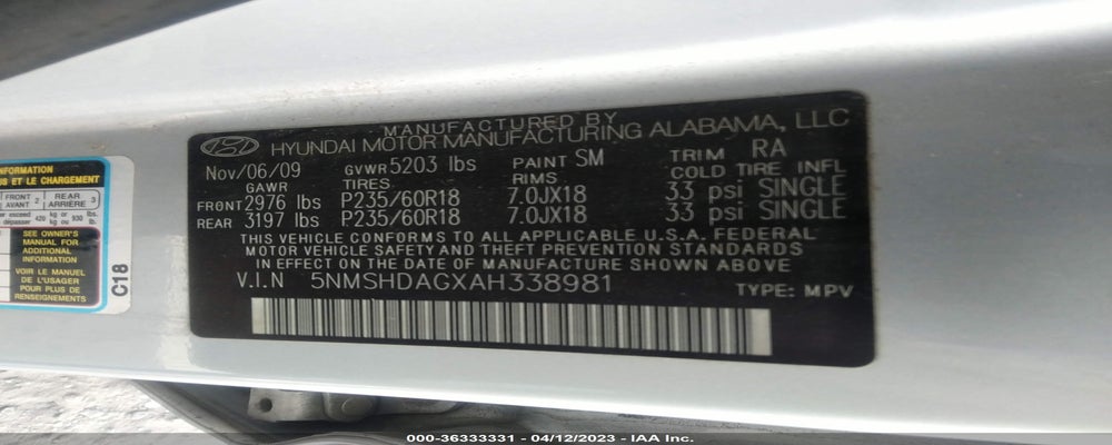 5NMSHDAGXAH338981 2010 HYUNDAI SANTA FE photo no. 9