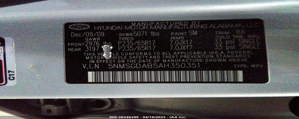 5NMSGDAB5AH350351 2010 HYUNDAI SANTA FE photo no. 9