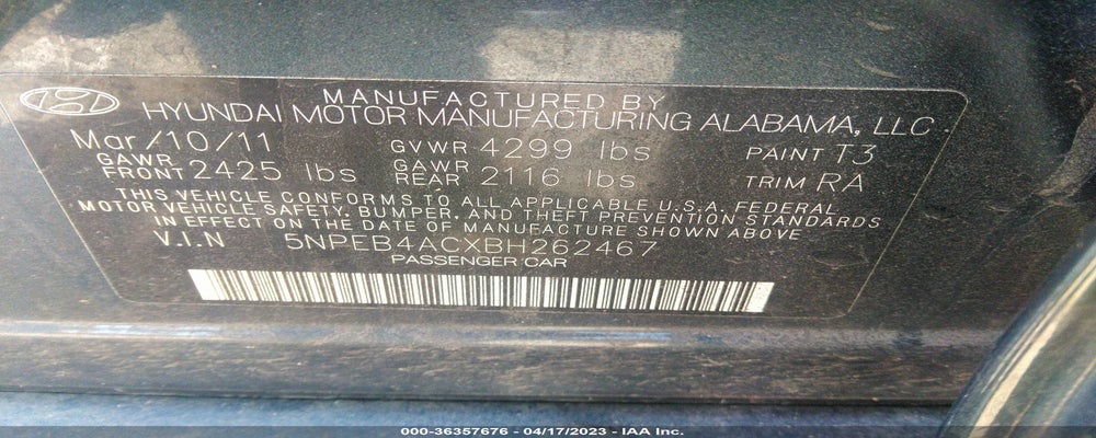 5NPEB4ACXBH262467 2011 HYUNDAI SONATA photo no. 9
