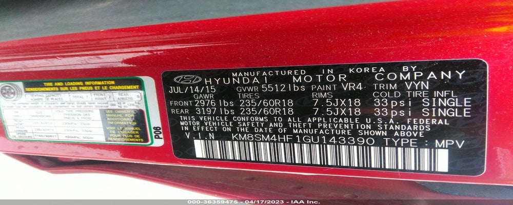 KM8SM4HF1GU143390 2016 HYUNDAI SANTA FE photo no. 9