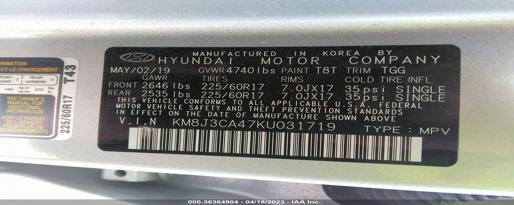 KM8J3CA47KU031719 2019 HYUNDAI TUCSON photo no. 9