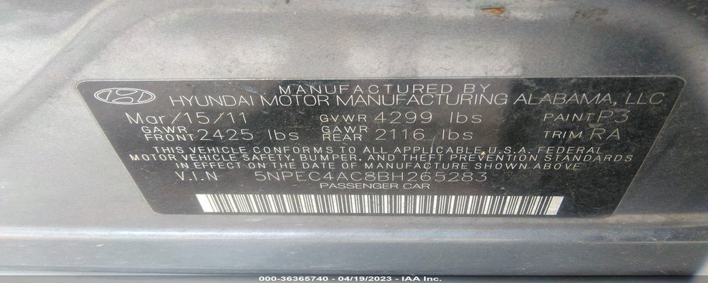 5NPEC4AC8BH265283 2011 HYUNDAI SONATA photo no. 9