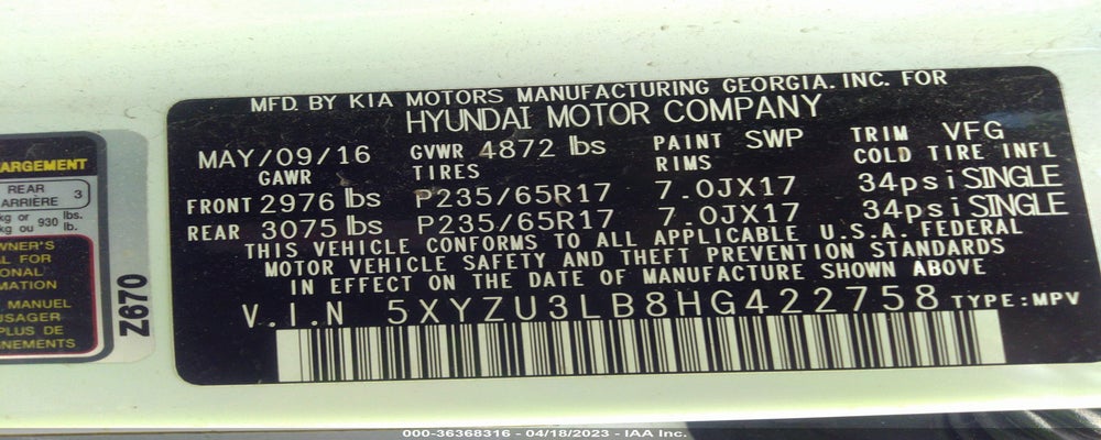 5XYZU3LB8HG422758 2017 HYUNDAI SANTA FE SPORT photo no. 9