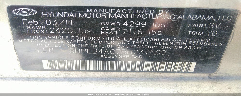 5NPEB4AC7BH237509 2011 HYUNDAI SONATA photo no. 9
