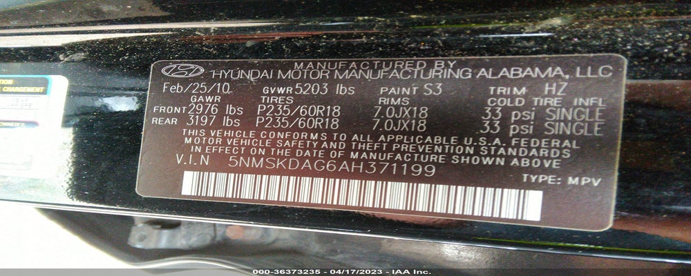 5NMSKDAG6AH371199 2010 HYUNDAI SANTA FE photo no. 9