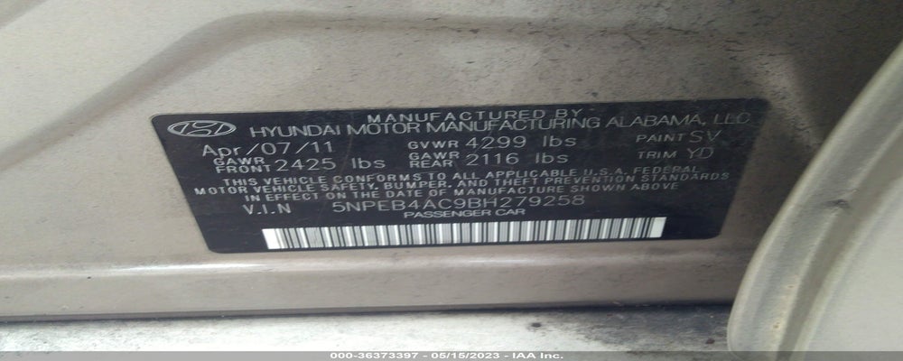 5NPEB4AC9BH279258 2011 HYUNDAI SONATA photo no. 9