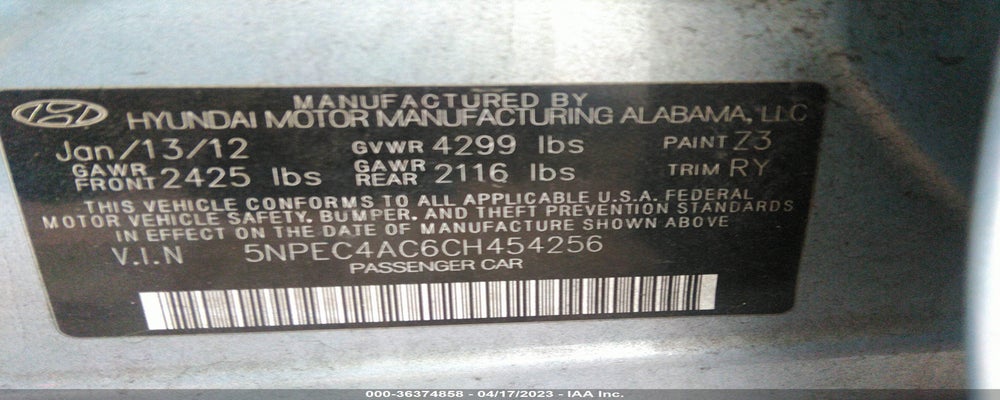 5NPEC4AC6CH454256 2012 HYUNDAI SONATA photo no. 9