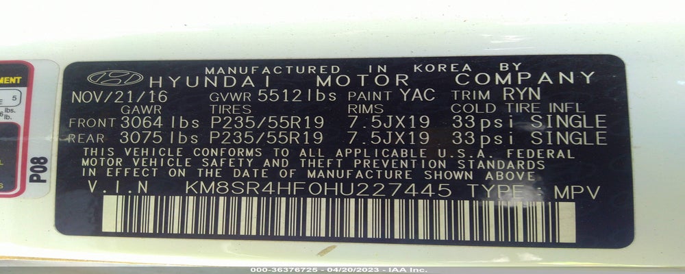 KM8SR4HF0HU227445 2017 HYUNDAI SANTA FE photo no. 9