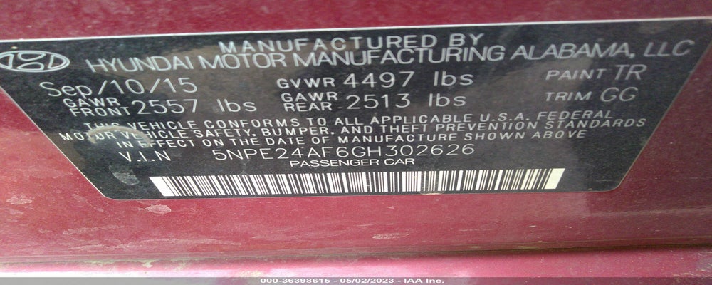 5NPE24AF6GH302626 2016 HYUNDAI SONATA photo no. 9