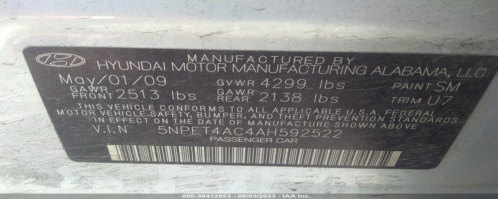 5NPET4AC4AH592522 2010 HYUNDAI SONATA photo no. 9