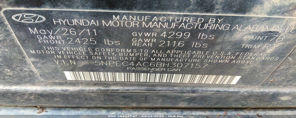 5NPEC4AC6BH307157 2011 HYUNDAI SONATA photo no. 9