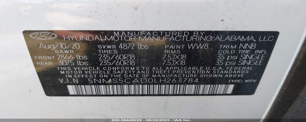 5NMS5CAD0LH263784 2020 HYUNDAI SANTA FE photo no. 9
