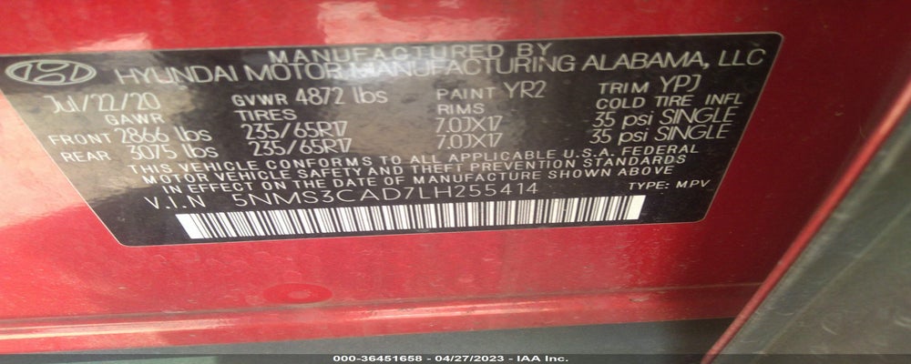 5NMS3CAD7LH255414 2020 HYUNDAI SANTA FE photo no. 9
