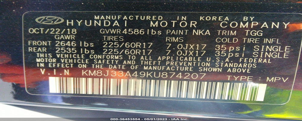 KM8J33A49KU874207 2019 HYUNDAI TUCSON photo no. 9