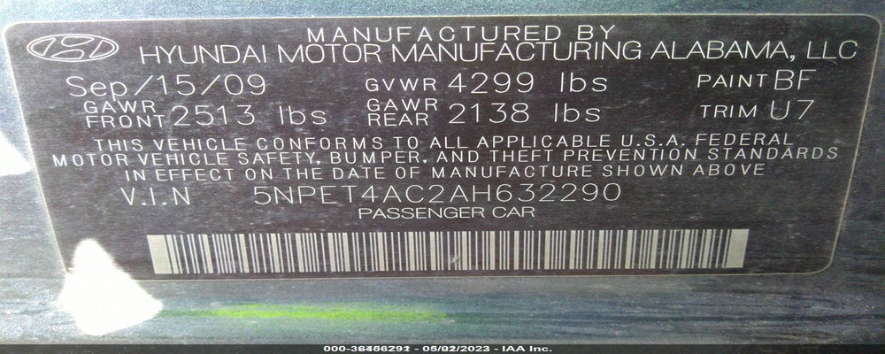 5NPET4AC2AH632290 2010 HYUNDAI SONATA photo no. 9