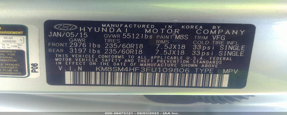 KM8SM4HF3FU109806 2015 HYUNDAI SANTA FE photo no. 9