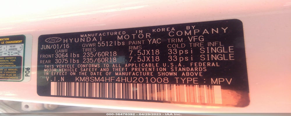 KM8SM4HF4HU201008 2017 HYUNDAI SANTA FE photo no. 9