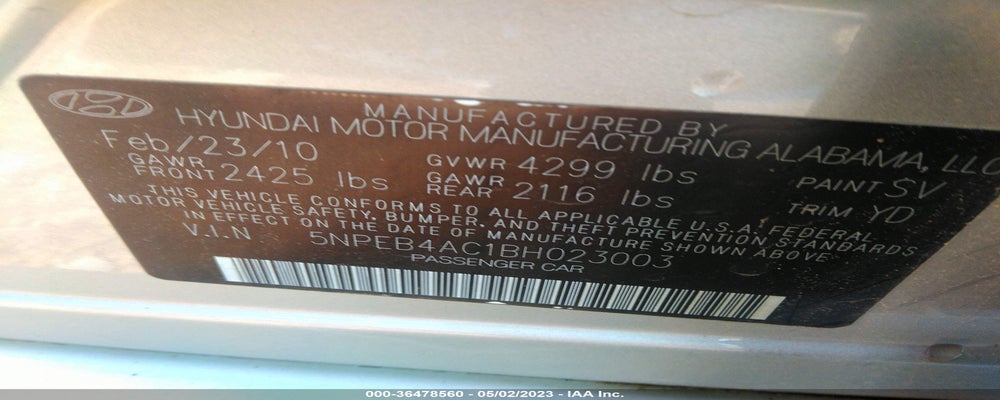 5NPEB4AC1BH023003 2011 HYUNDAI SONATA photo no. 9