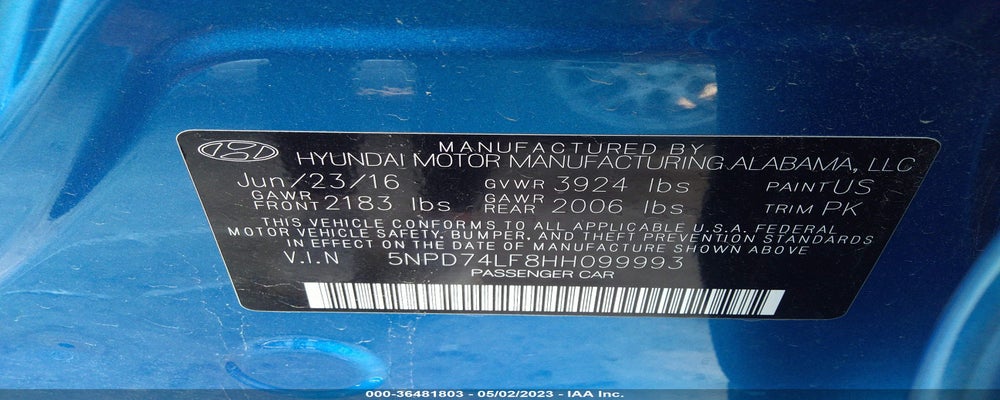 005NPD74LF8HH0999 2017 HYUNDAI ELANTRA photo no. 9