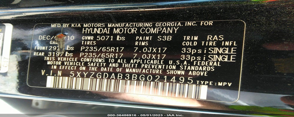 5XYZGDAB3BG021495 2011 HYUNDAI SANTA FE photo no. 9