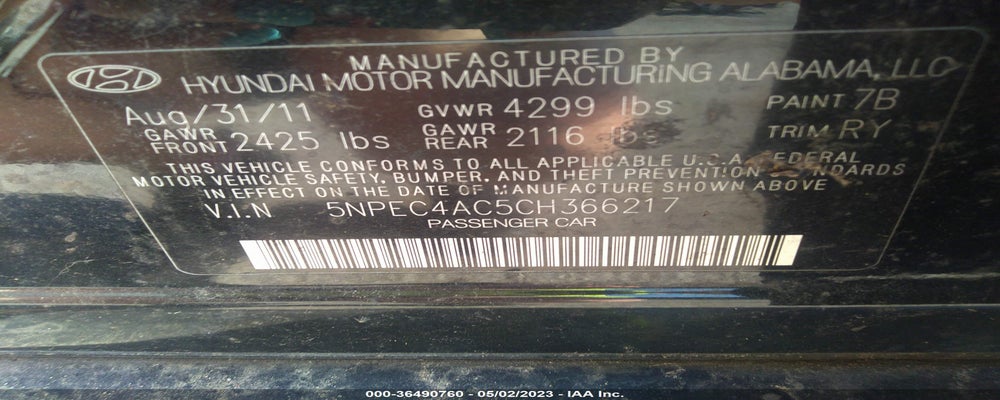 5NPEC4AC5CH366217 2012 HYUNDAI SONATA photo no. 9