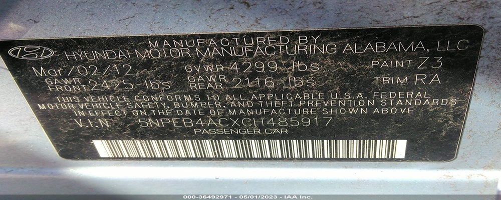 5NPEB4ACXCH485917 2012 HYUNDAI SONATA photo no. 9