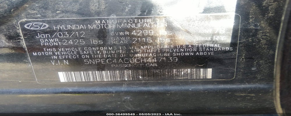 5NPEC4AC0CH447139 2012 HYUNDAI SONATA photo no. 9