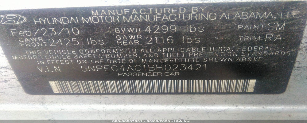 5NPEC4AC1BH023421 2011 HYUNDAI SONATA photo no. 9