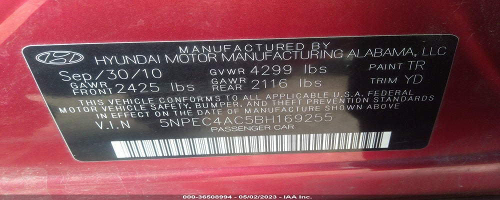 5NPEC4AC5BH169255 2011 HYUNDAI SONATA photo no. 9
