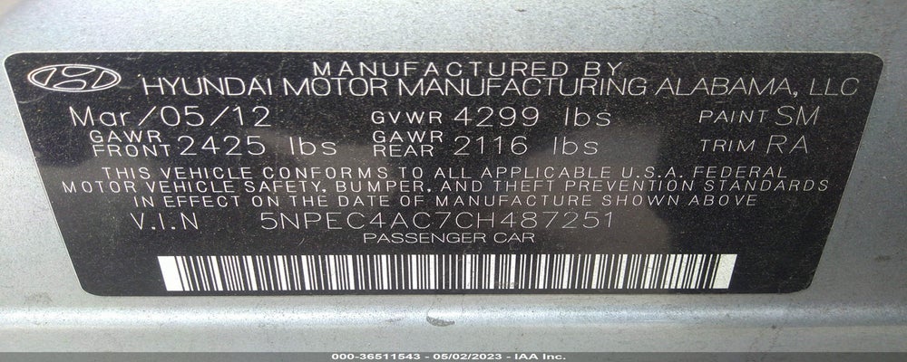 5NPEC4AC7CH487251 2012 HYUNDAI SONATA photo no. 9