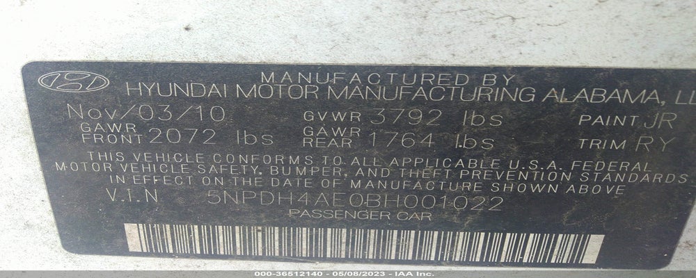 5NPDH4AE0BH001022 2011 HYUNDAI ELANTRA photo no. 9