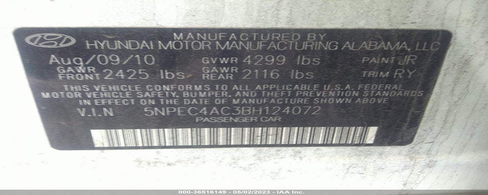 5NPEC4AC3BH124072 2011 HYUNDAI SONATA photo no. 9