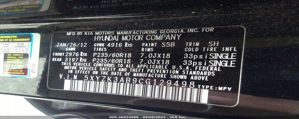 5XYZK3AB9CG129498 2012 HYUNDAI SANTA FE photo no. 9