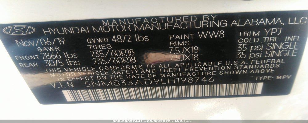 5NMS33AD9LH198746 2020 HYUNDAI SANTA FE photo no. 9