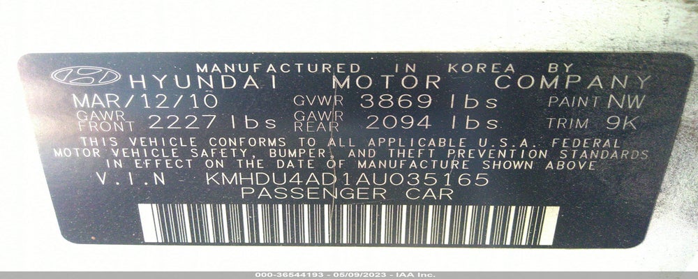 KMHDU4AD1AU035165 2010 HYUNDAI ELANTRA photo no. 9