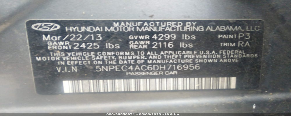 5NPEC4AC6DH716956 2013 HYUNDAI SONATA photo no. 9