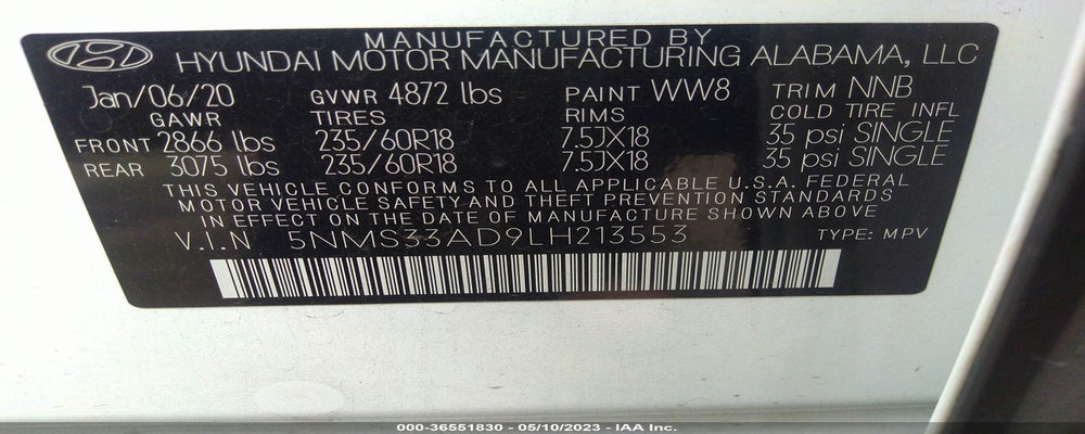 5NMS33AD9LH213553 2020 HYUNDAI SANTA FE photo no. 9