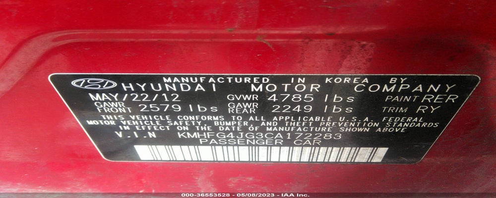KMHFG4JG3CA172283 2012 HYUNDAI AZERA photo no. 9