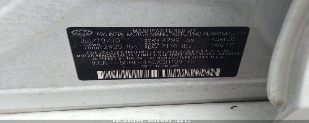 5NPEC4ACXBH109312 2011 HYUNDAI SONATA photo no. 9