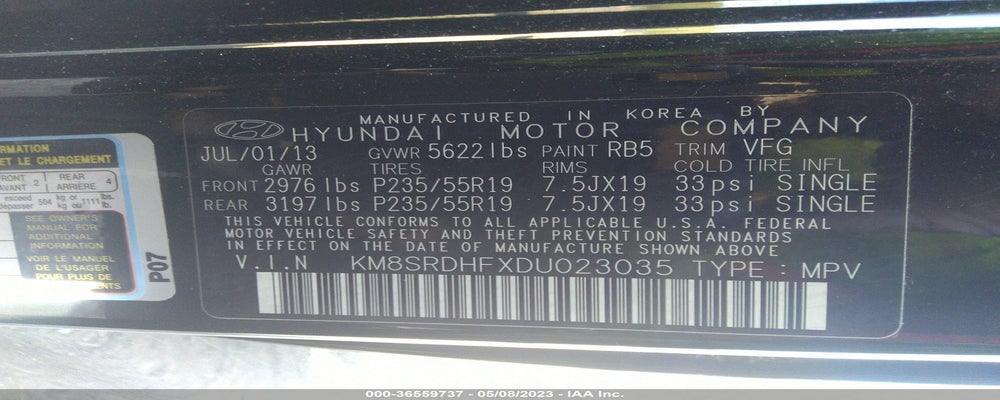 KM8SRDHFXDU023035 2013 HYUNDAI SANTA FE photo no. 9