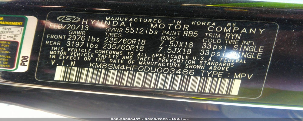 KM8SM4HF0DU003486 2013 HYUNDAI SANTA FE photo no. 9
