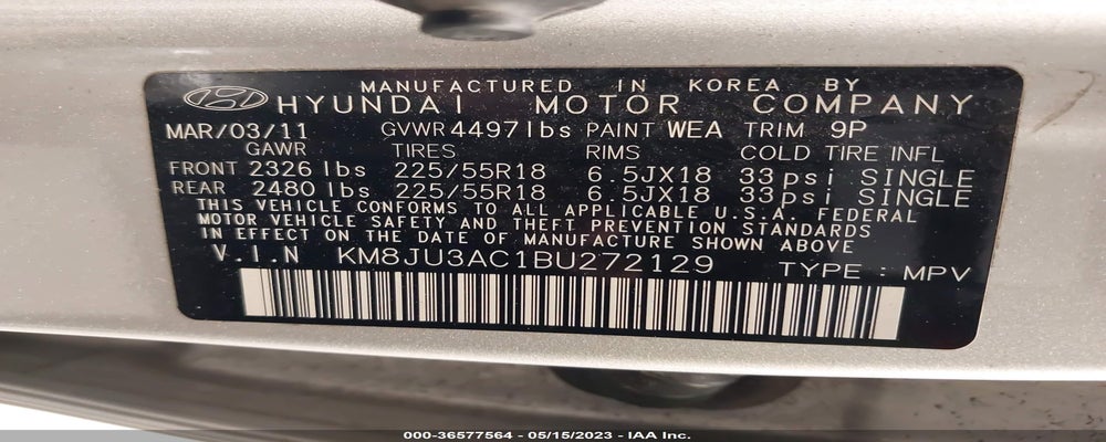 KM8JU3AC1BU272129 2011 HYUNDAI TUCSON photo no. 9