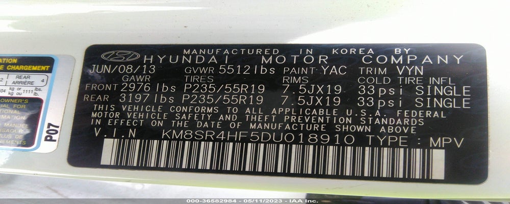 KM8SR4HF5DU018910 2013 HYUNDAI SANTA FE photo no. 9