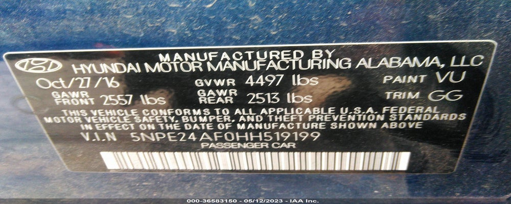 5NPE24AF0HH519199 2017 HYUNDAI SONATA photo no. 9