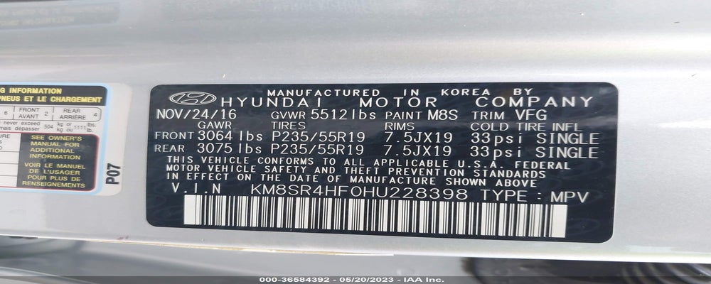 KM8SR4HF0HU228398 2017 HYUNDAI SANTA FE photo no. 9