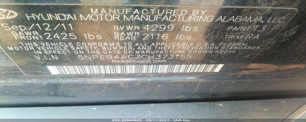 5NPEB4AC7CH373155 2012 HYUNDAI SONATA photo no. 9