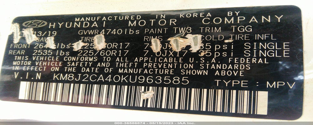 KM8J2CA40KU963585 2019 HYUNDAI TUCSON photo no. 9