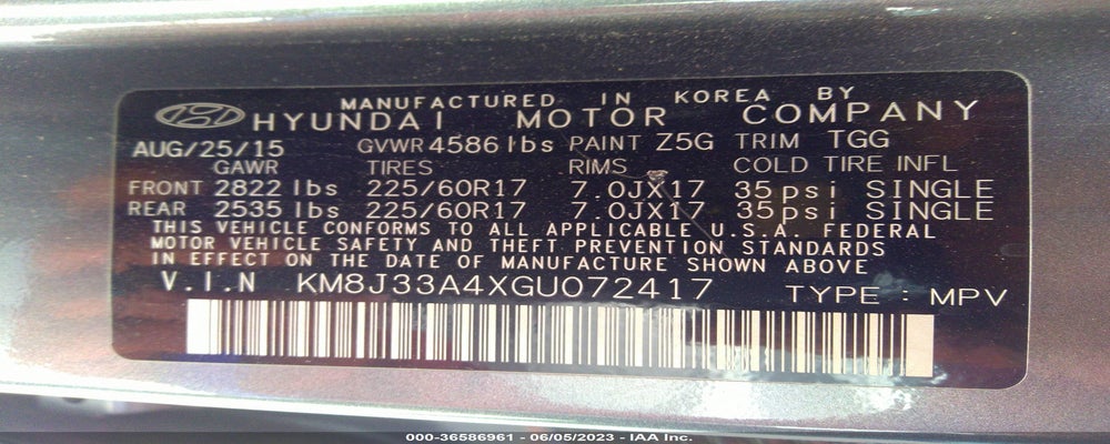 KM8J33A4XGU072417 2016 HYUNDAI TUCSON photo no. 9