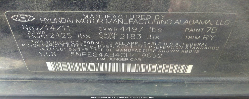 5NPEC4AB4CH419092 2012 HYUNDAI SONATA photo no. 9