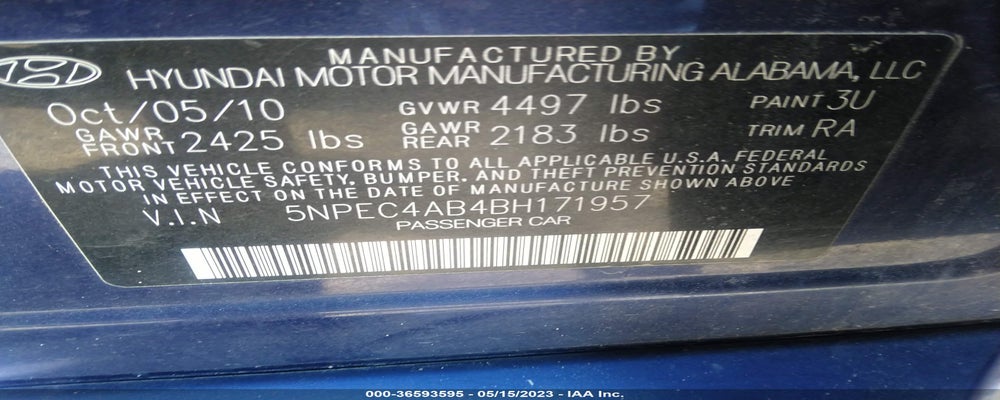 5NPEC4AB4BH171957 2011 HYUNDAI SONATA photo no. 9